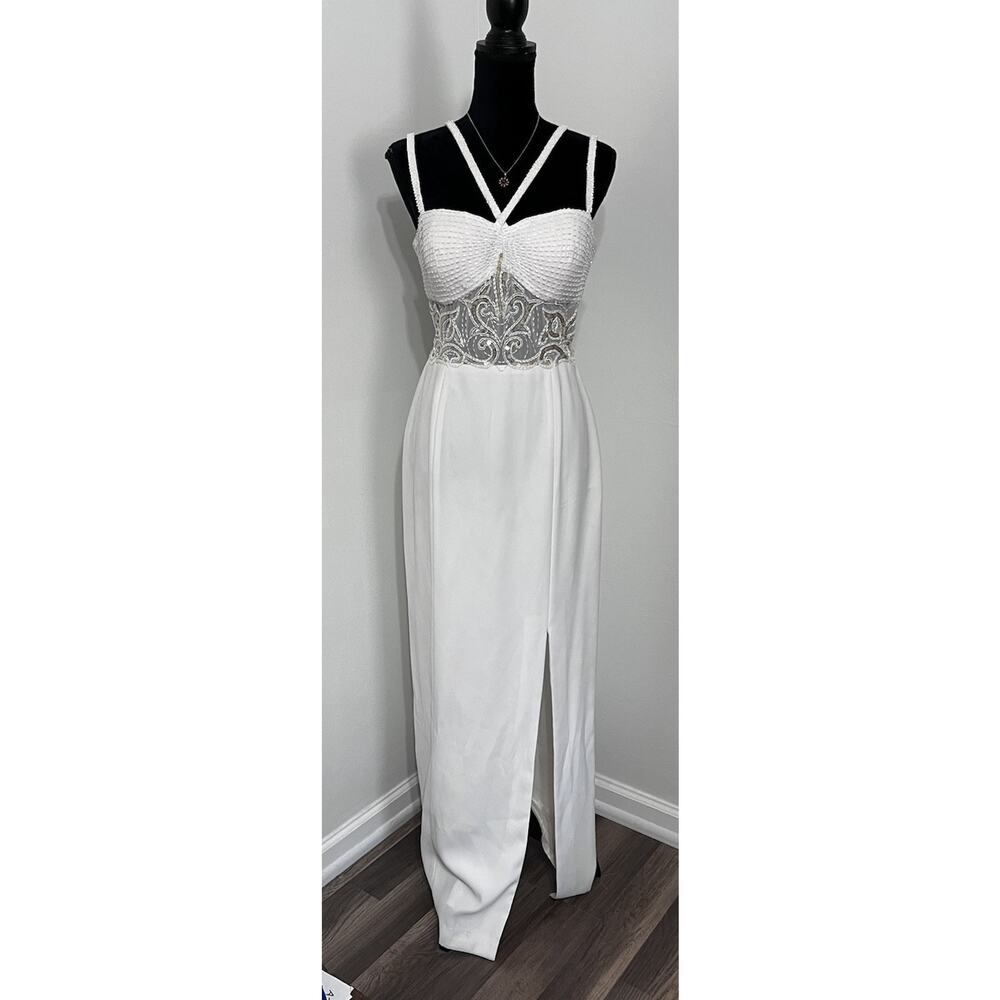 VTG White Handmade Beaded Formal Maxi Gown Sheer Corset Waist Maxi Dress sz S/M